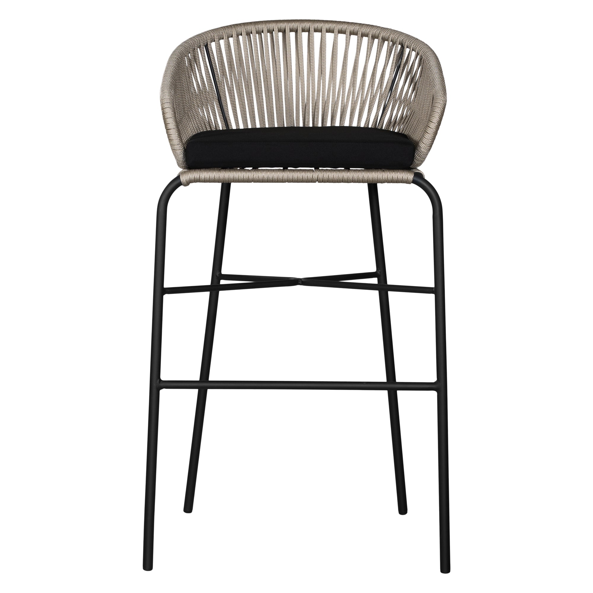 Black natural outdoor bar chair featuring a woven rope backrest and sleek metal legs, designed for modern alfresco dining and stylish patio settings