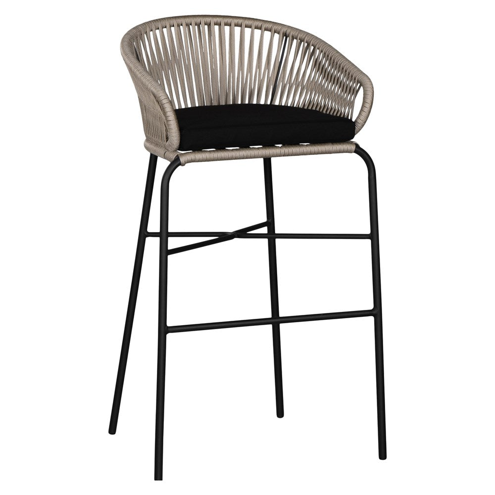 Black natural outdoor bar chair featuring a woven rope backrest and sleek metal legs, designed for modern alfresco dining and stylish patio settings