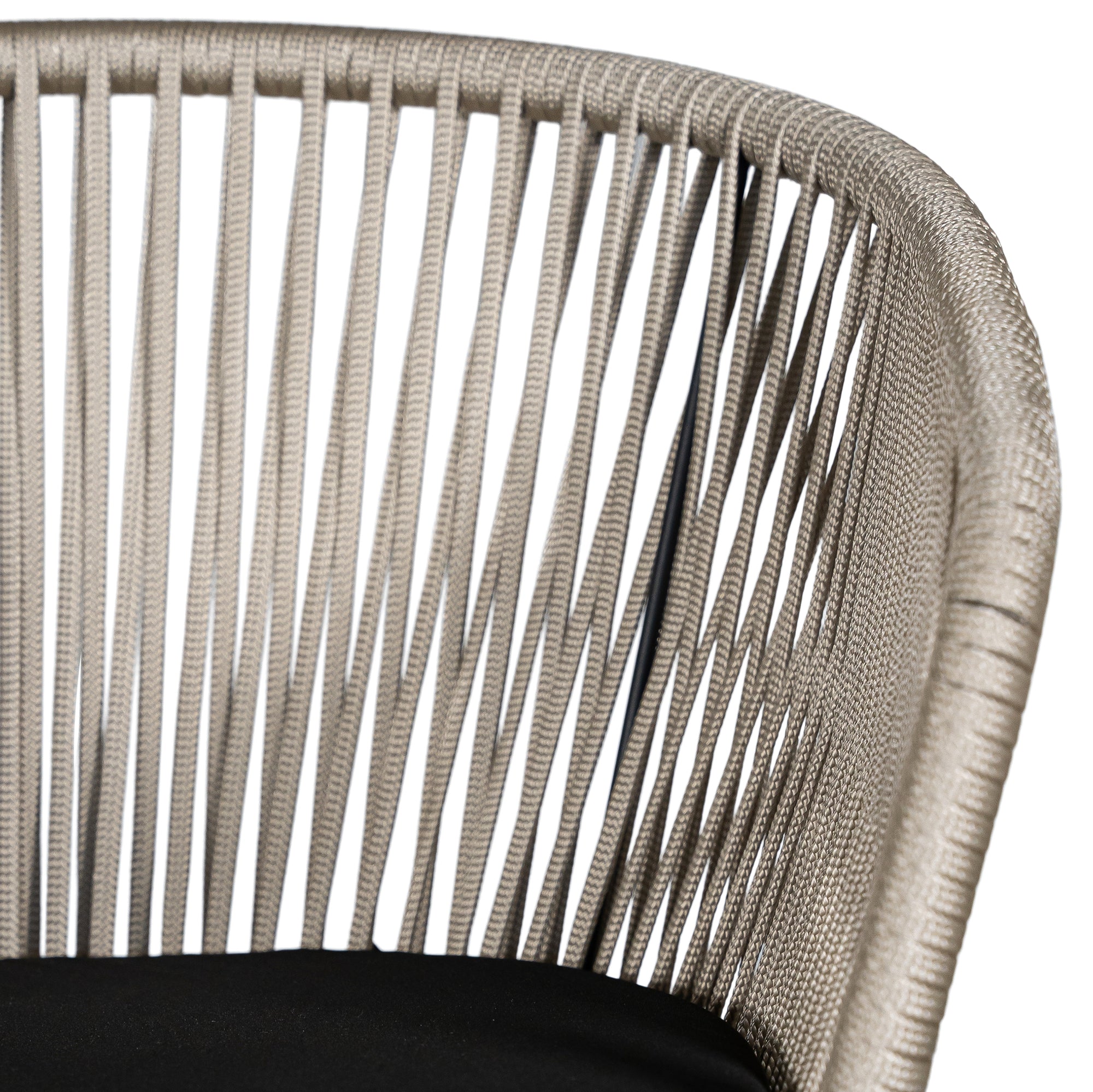 Black and natural outdoor dining chair featuring a woven rope backrest and sleek metal legs, designed for modern alfresco dining and stylish patio settings