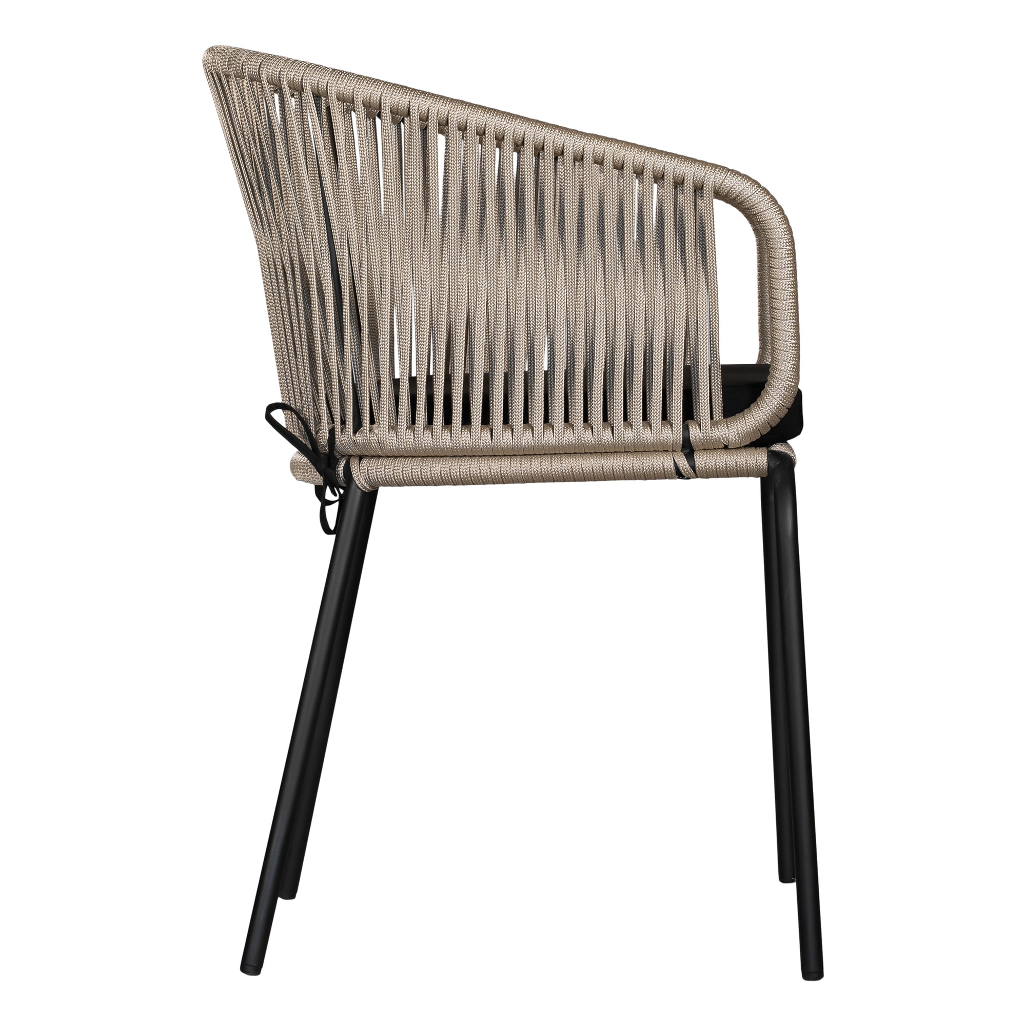 Black and natural outdoor dining chair featuring a woven rope backrest and sleek metal legs, designed for modern alfresco dining and stylish patio settings
