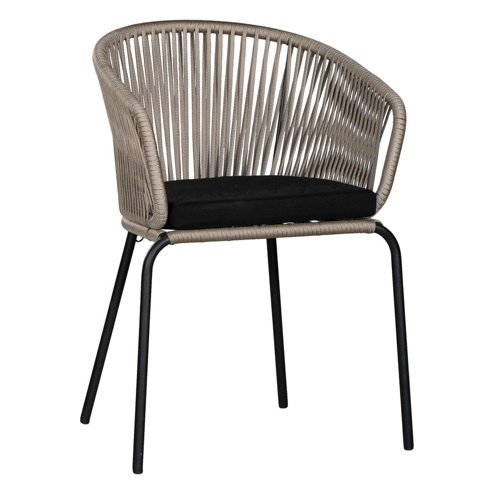Black and natural outdoor dining chair featuring a woven rope backrest and sleek metal legs, designed for modern alfresco dining and stylish patio settings
