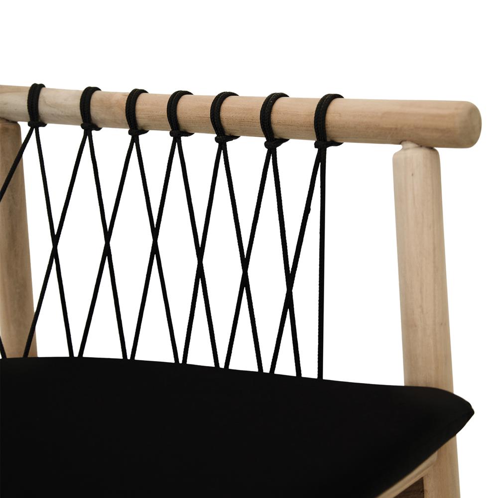 Modern black natural wooden dining chair with woven rope backrest and cushioned seat, perfect for contemporary lounge settings