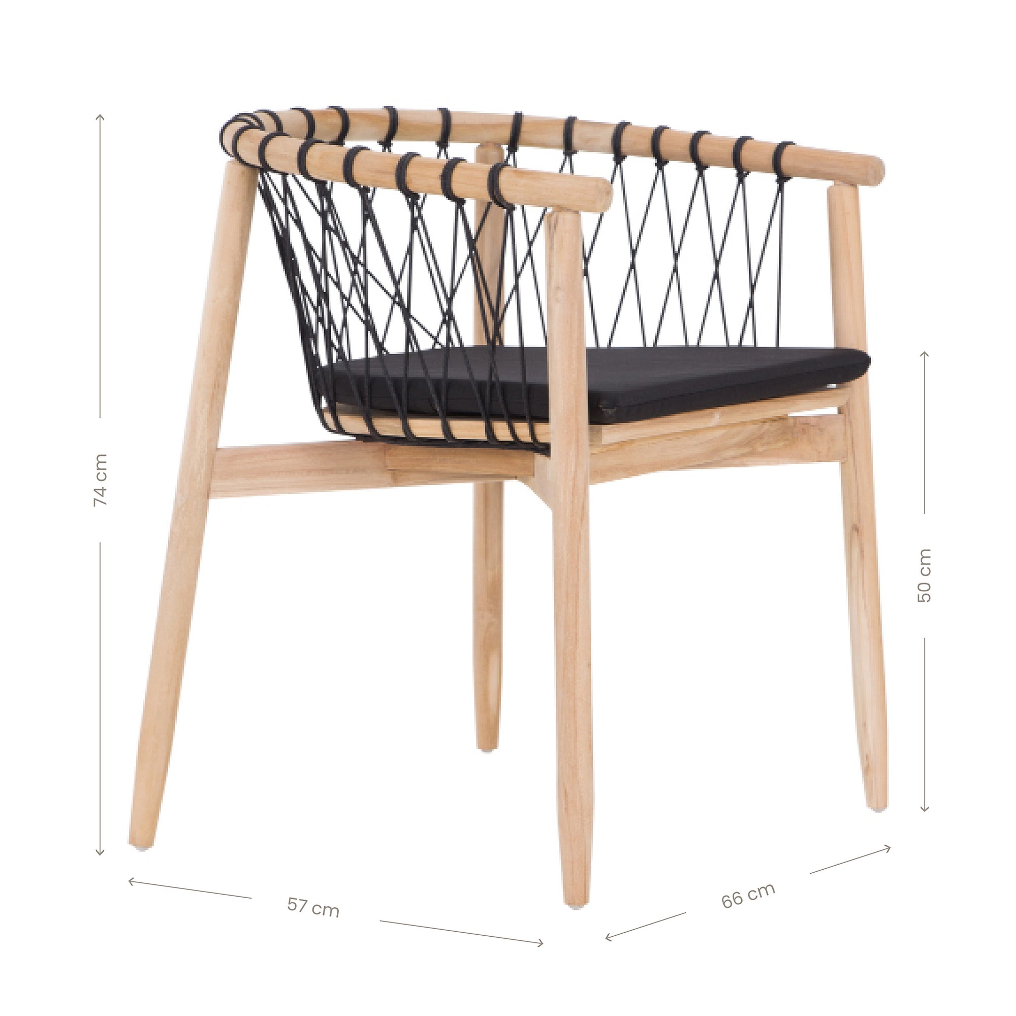 Modern black natural wooden dining chair with woven rope backrest and cushioned seat, perfect for contemporary lounge settings