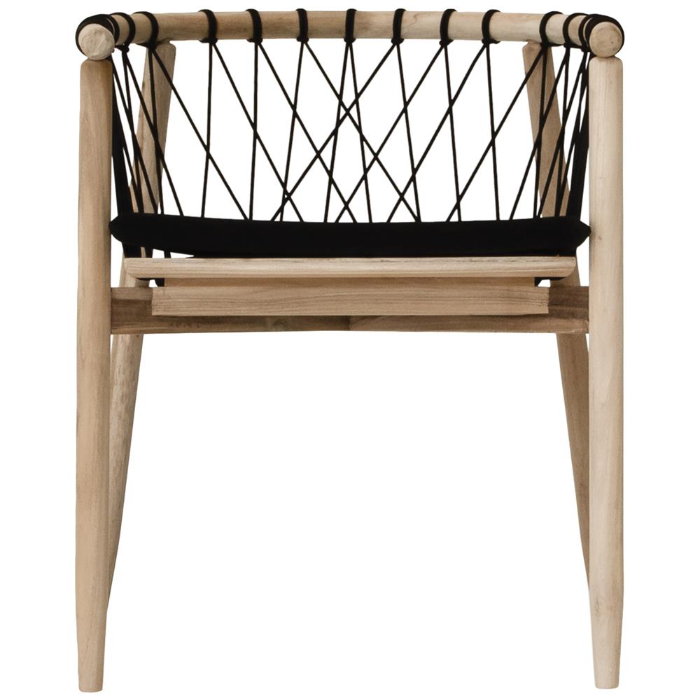 Modern black natural wooden dining chair with woven rope backrest and cushioned seat, perfect for contemporary lounge settings