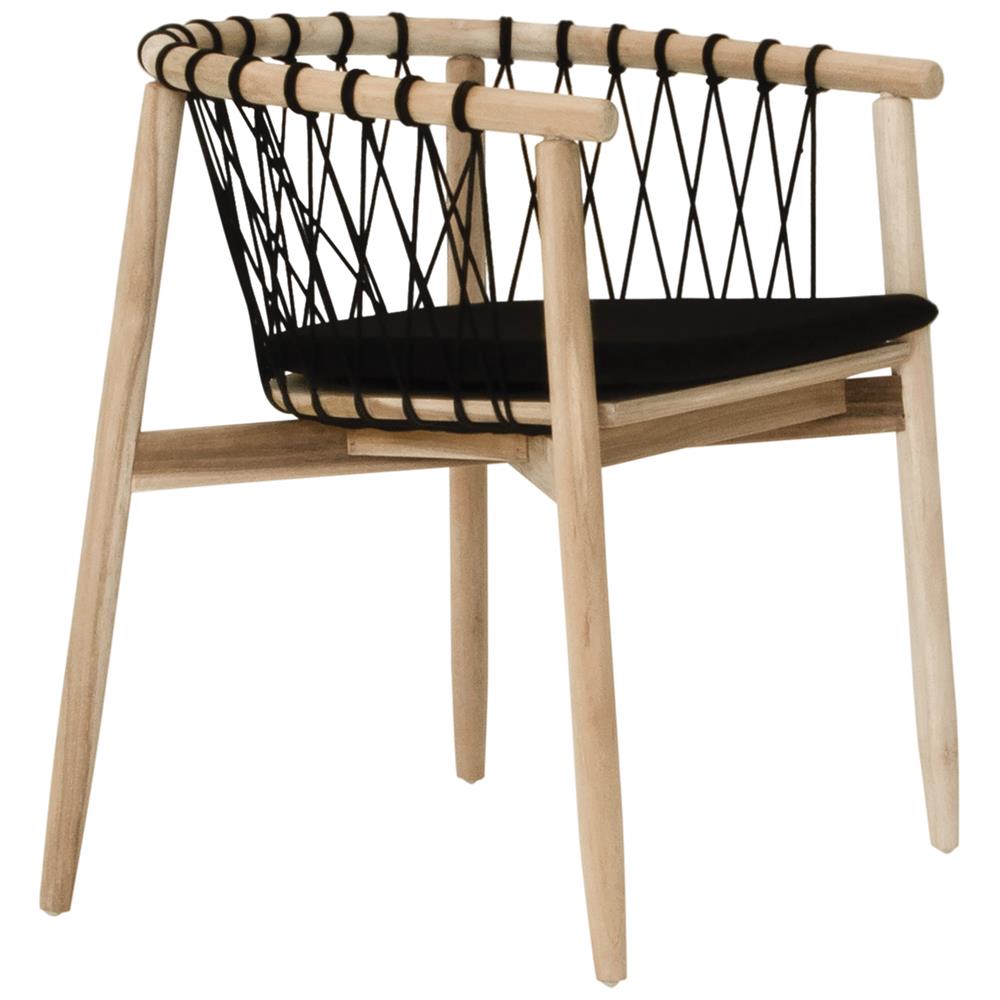 Modern black natural wooden dining chair with woven rope backrest and cushioned seat, perfect for contemporary lounge settings