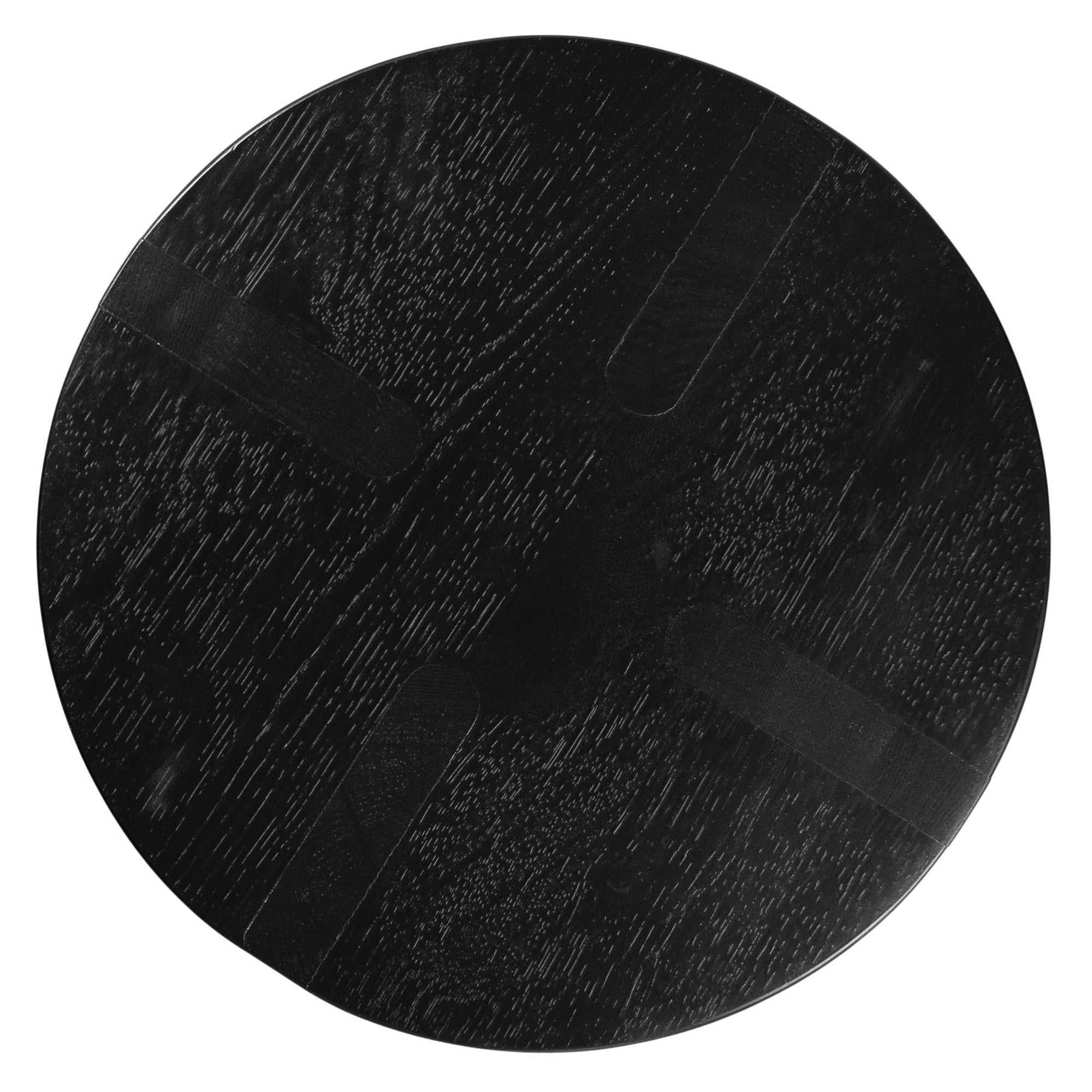 A sleek black oak round stool featuring a minimalist design with subtly curved legs. Crafted from solid oak with a matte black finish, this versatile piece functions as a stool or side table, adding a modern touch to any space