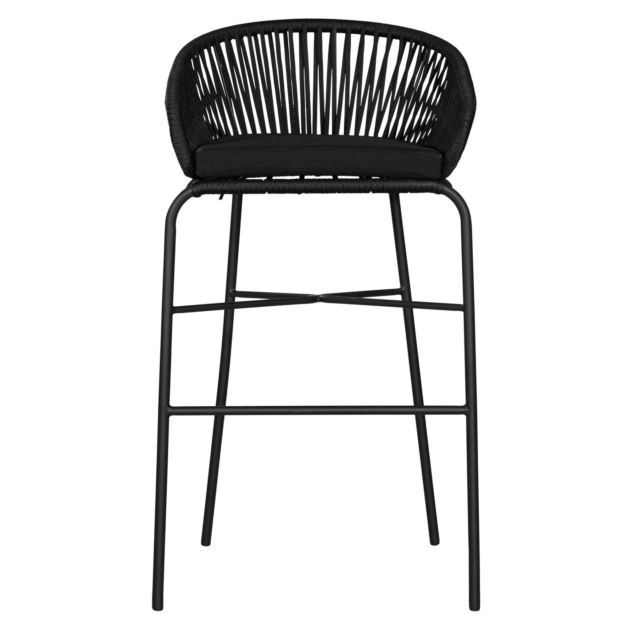 Black outdoor bar chair featuring a woven rope backrest and sleek metal legs, designed for modern alfresco dining and stylish patio settings