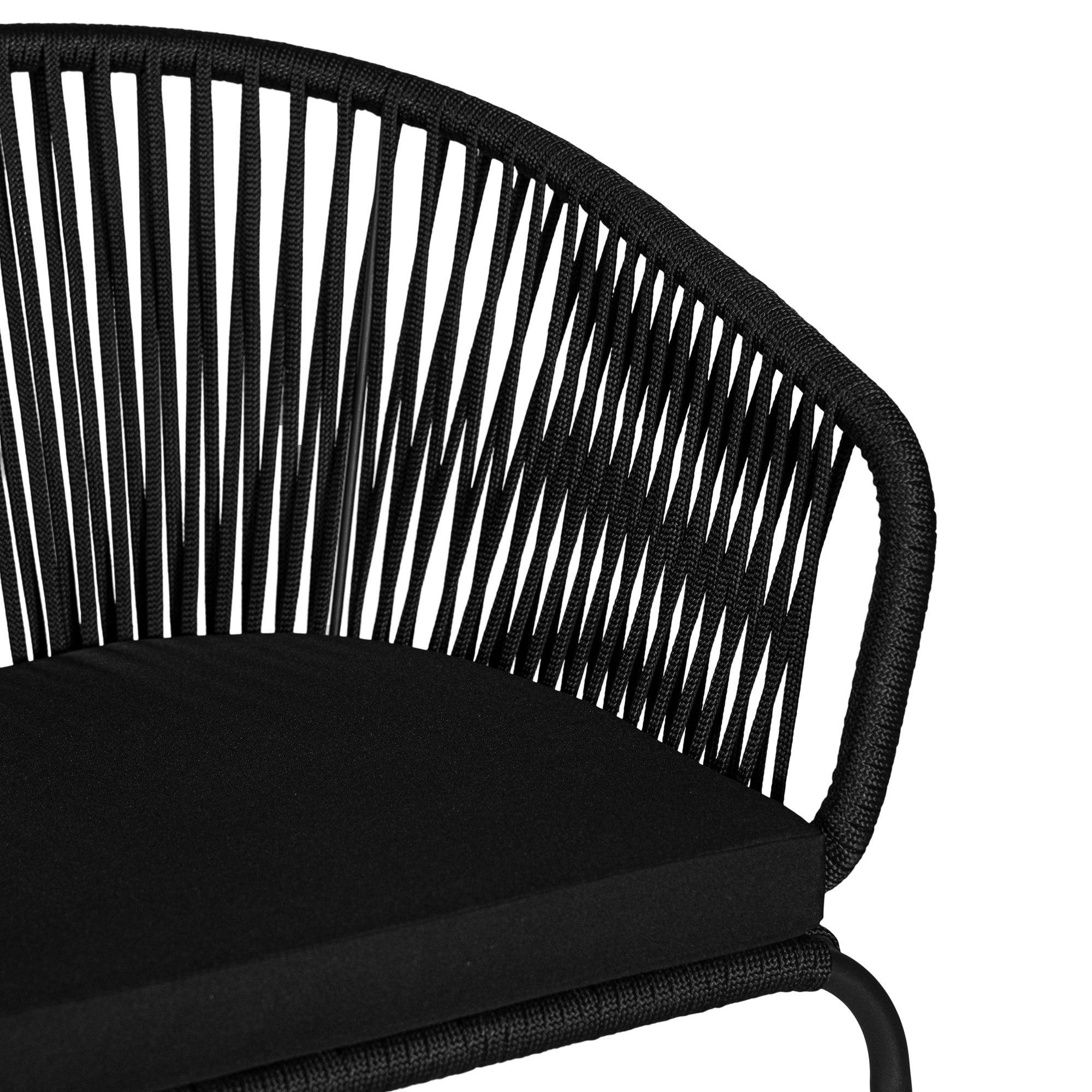 Black outdoor dining chair featuring a woven rope backrest and sleek metal legs, designed for modern alfresco dining and stylish patio settings