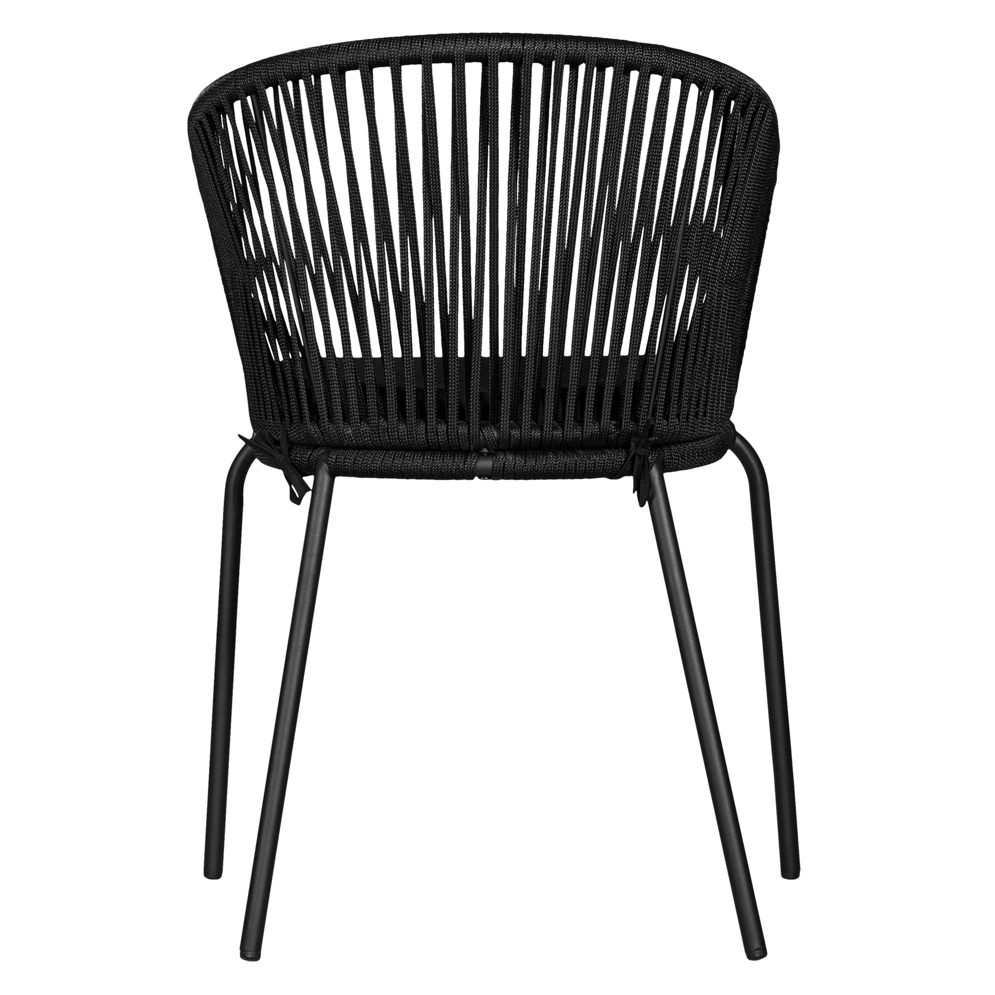 Black outdoor dining chair featuring a woven rope backrest and sleek metal legs, designed for modern alfresco dining and stylish patio settings