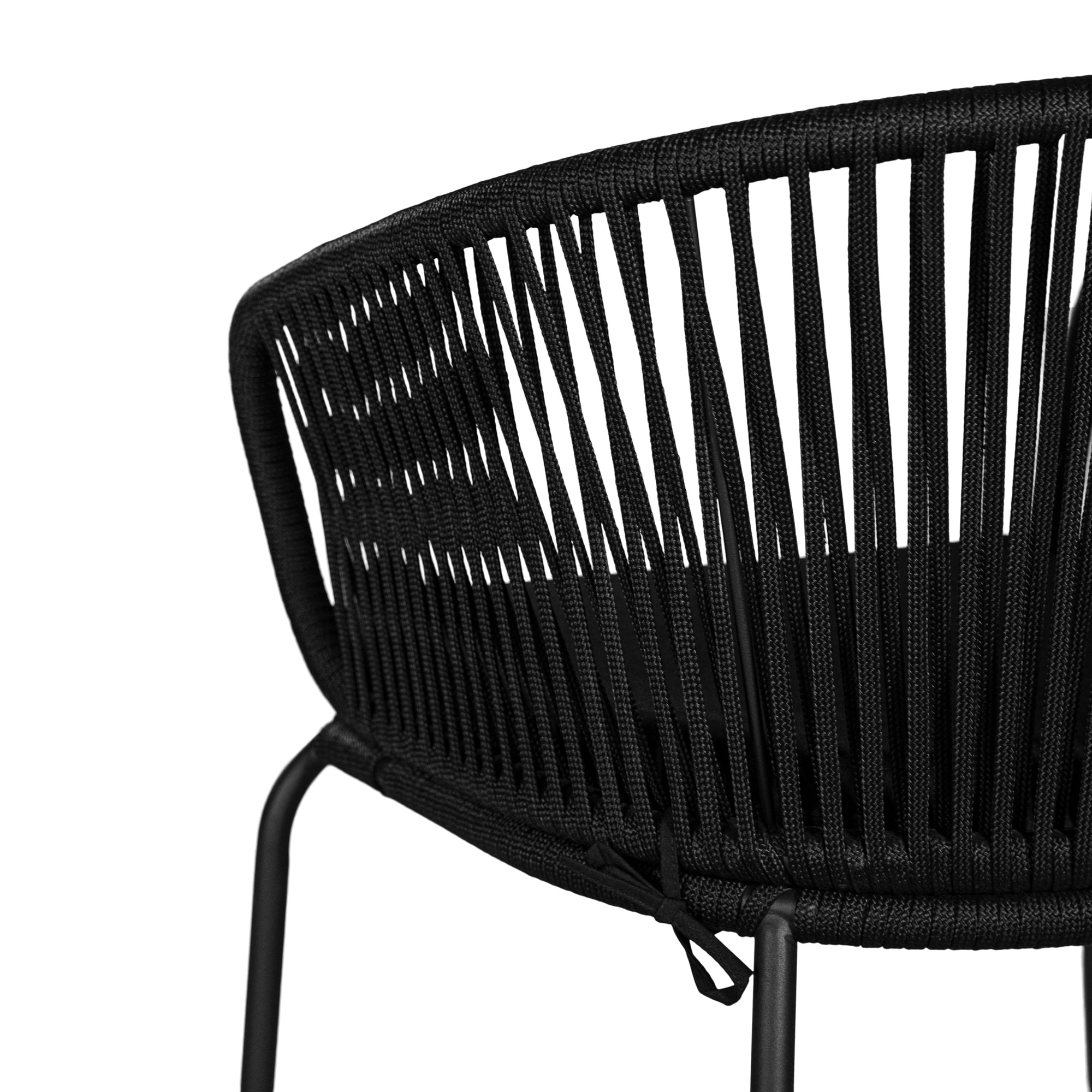 Black outdoor dining chair featuring a woven rope backrest and sleek metal legs, designed for modern alfresco dining and stylish patio settings