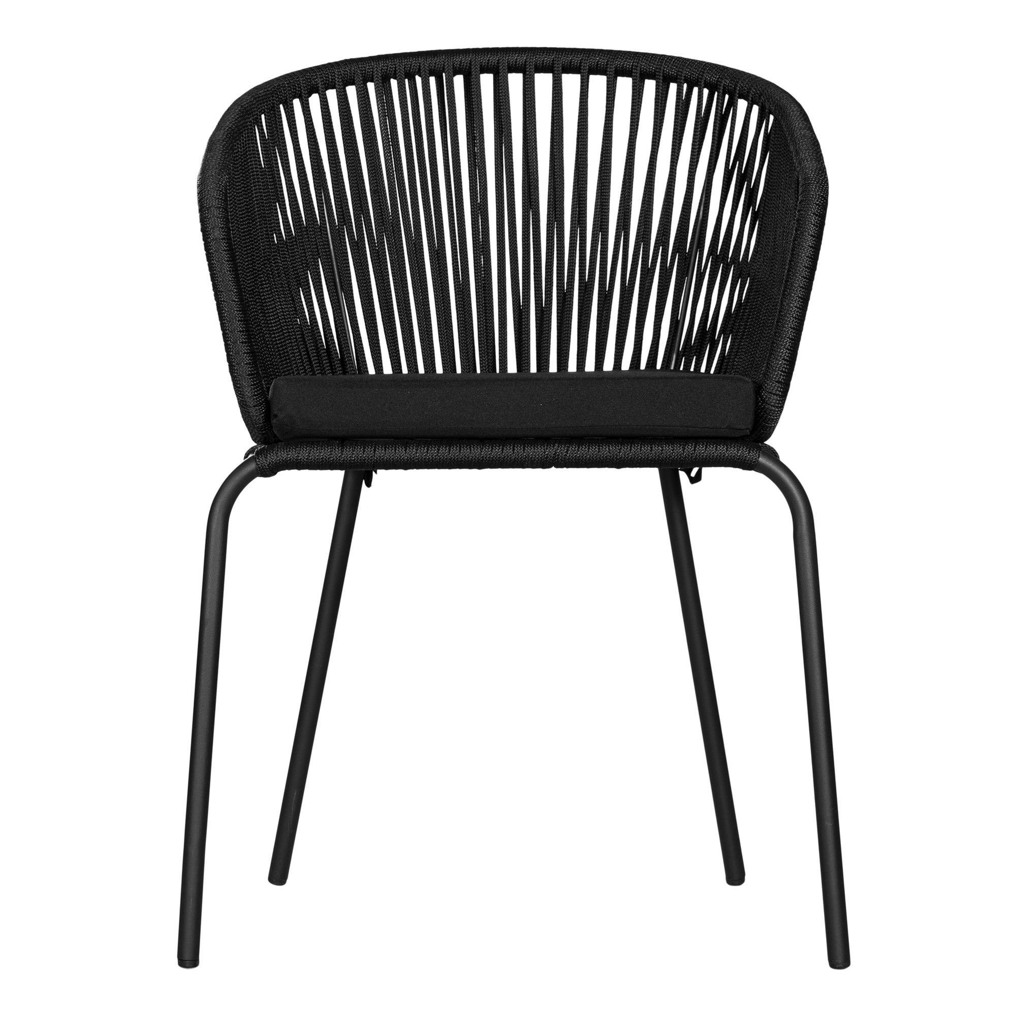 Black outdoor dining chair featuring a woven rope backrest and sleek metal legs, designed for modern alfresco dining and stylish patio settings