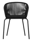 Black outdoor dining chair featuring a woven rope backrest and sleek metal legs, designed for modern alfresco dining and stylish patio settings
