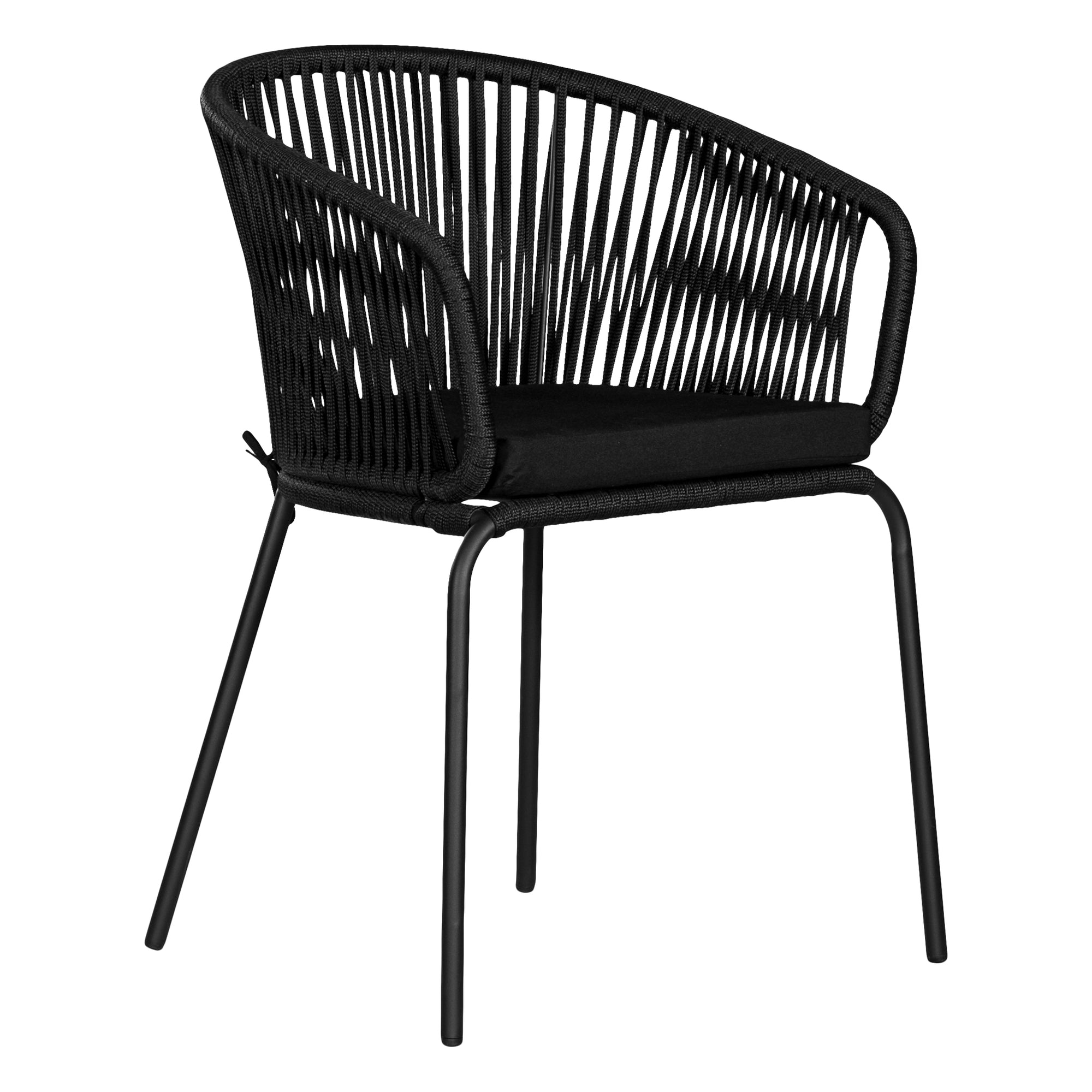 Black outdoor dining chair featuring a woven rope backrest and sleek metal legs, designed for modern alfresco dining and stylish patio settings