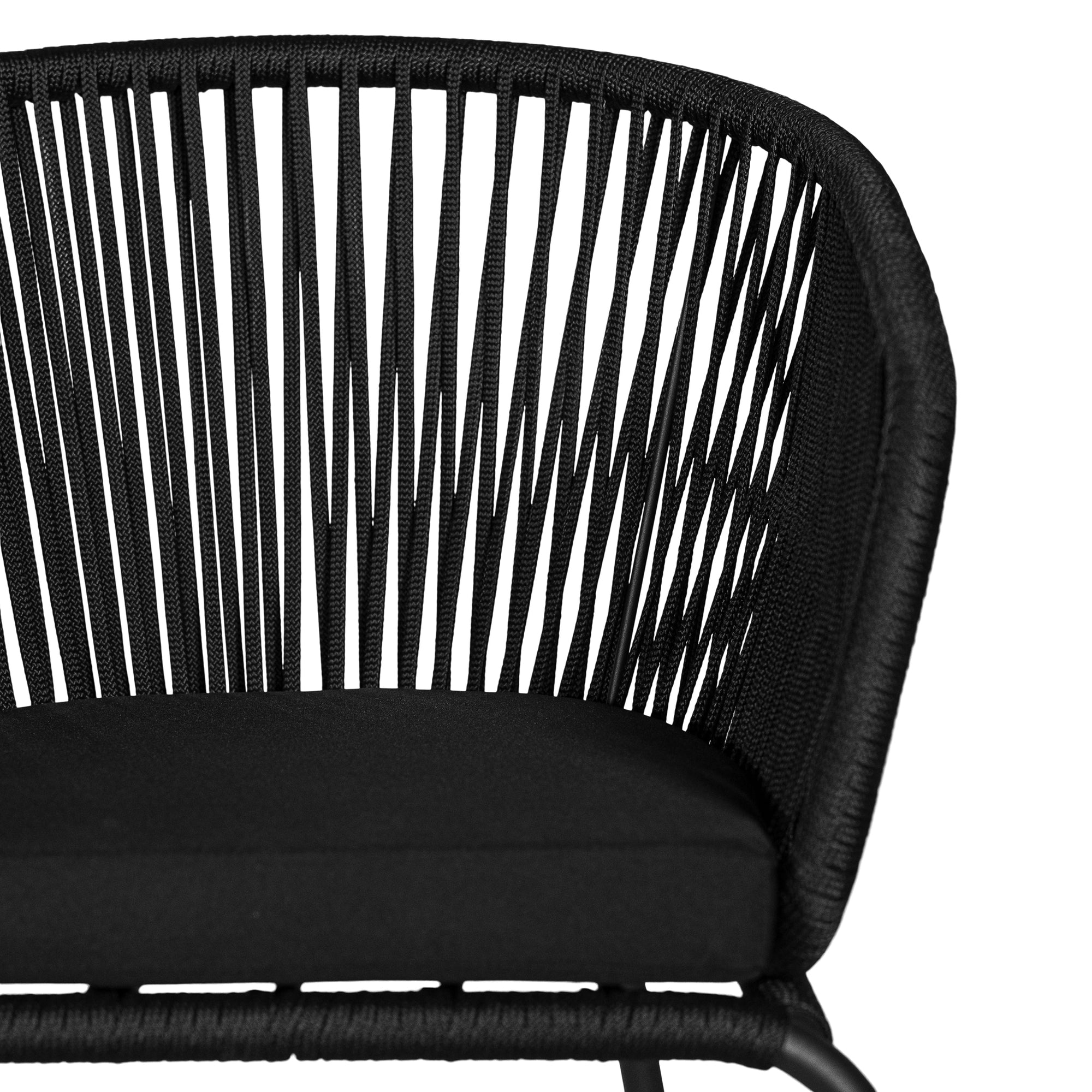 Black outdoor dining chair featuring a woven rope backrest and sleek metal legs, designed for modern alfresco dining and stylish patio settings