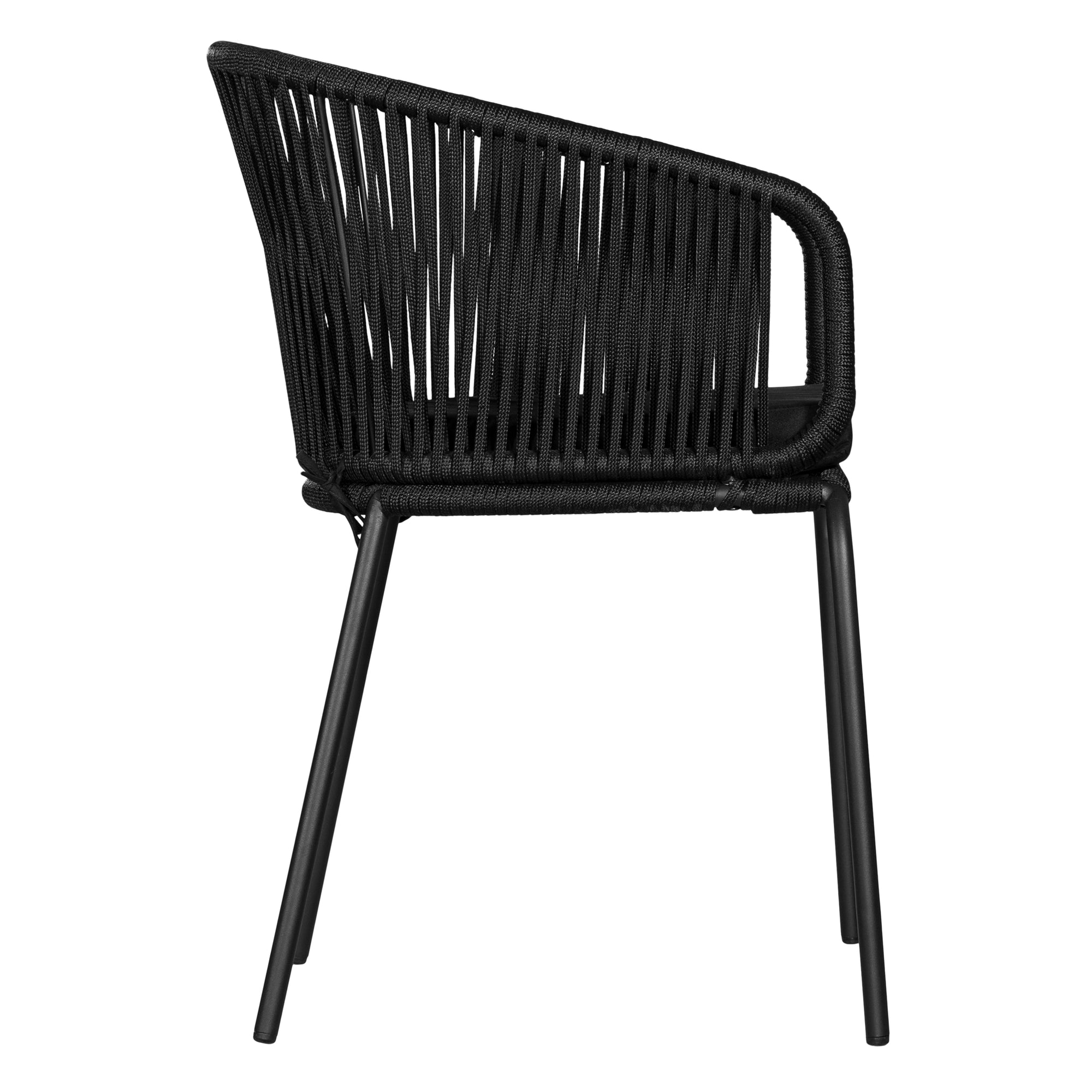 Black outdoor dining chair featuring a woven rope backrest and sleek metal legs, designed for modern alfresco dining and stylish patio settings