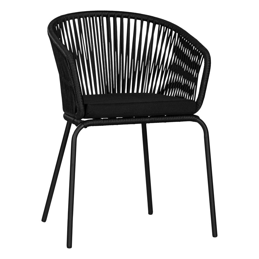 Black outdoor dining chair featuring a woven rope backrest and sleek metal legs, designed for modern alfresco dining and stylish patio settings.