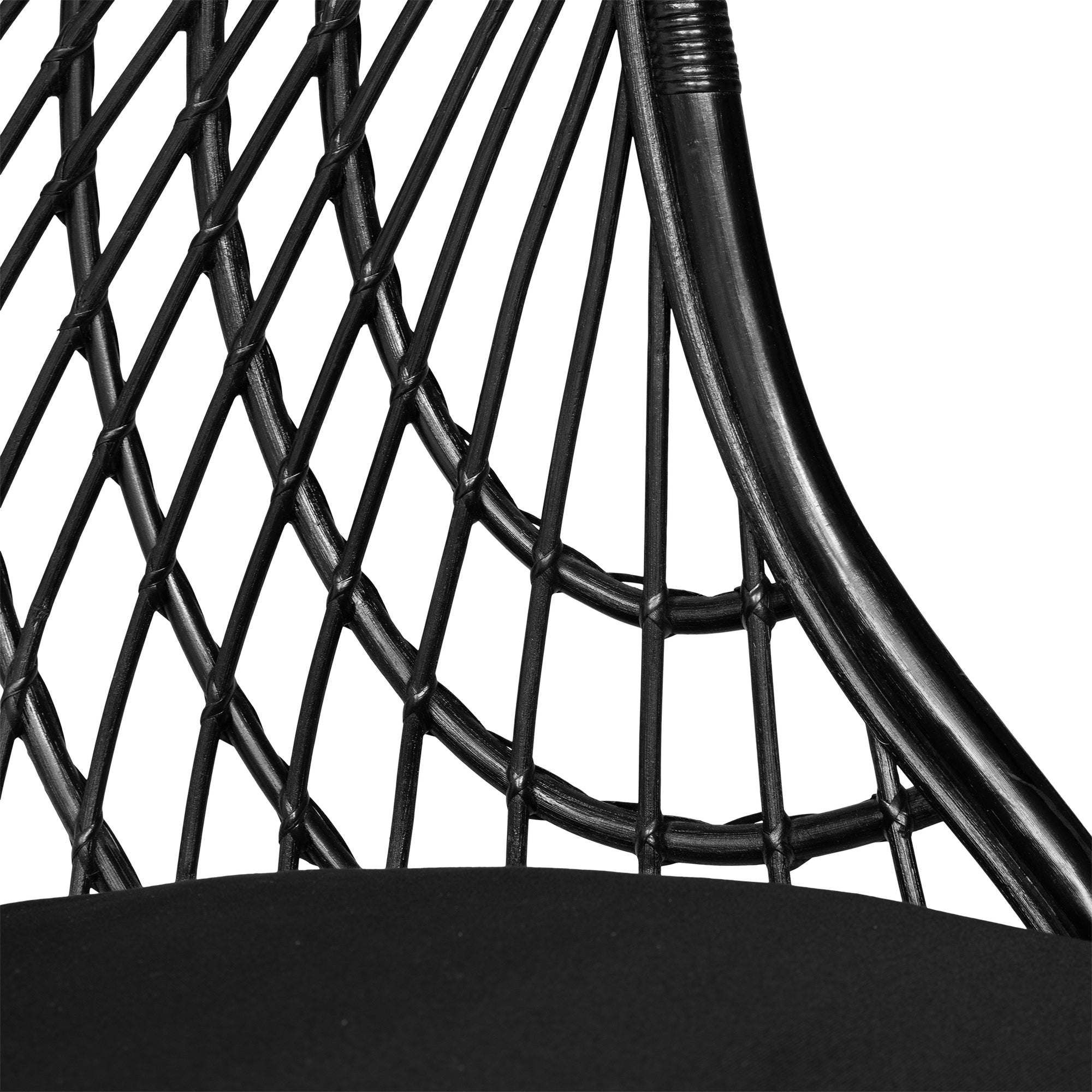 Black rattan hanging egg chair with a plush black cushion, featuring a woven open-weave design and sturdy rope for a stylish and relaxing indoor or outdoor seating option
