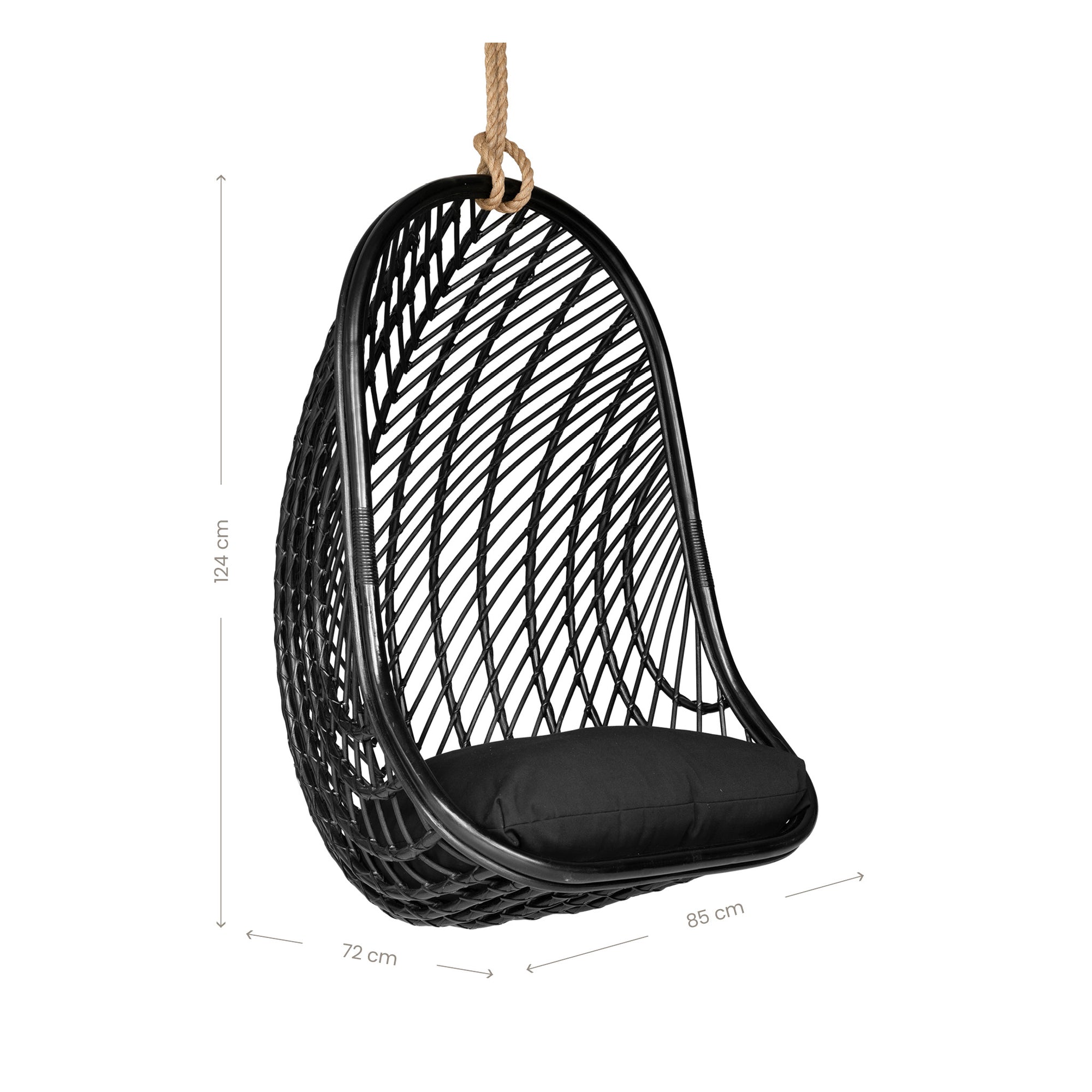 Black rattan hanging egg chair with a plush black cushion, featuring a woven open-weave design and sturdy rope for a stylish and relaxing indoor or outdoor seating option