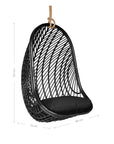 Black rattan hanging egg chair with a plush black cushion, featuring a woven open-weave design and sturdy rope for a stylish and relaxing indoor or outdoor seating option