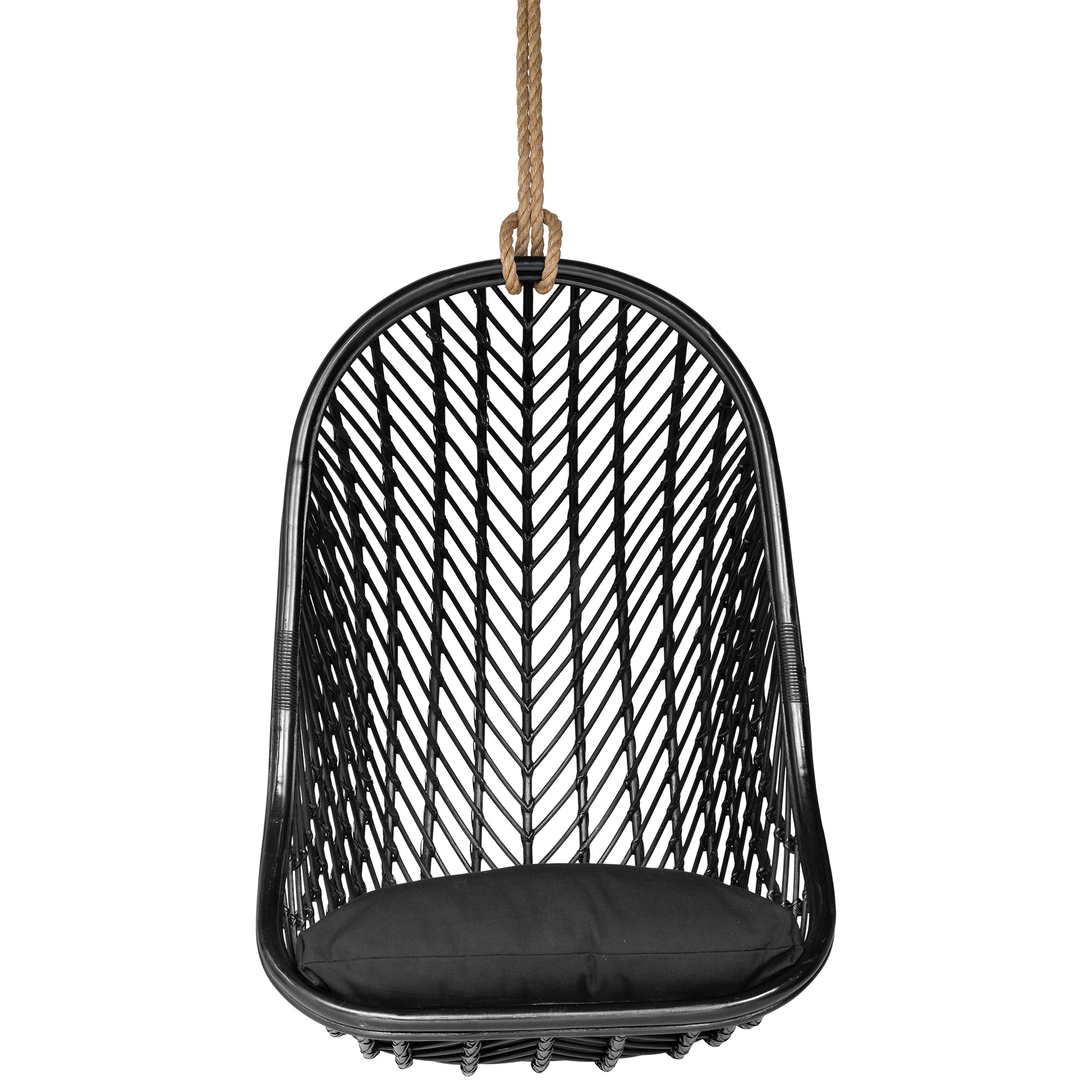 Black rattan hanging egg chair with a plush black cushion, featuring a woven open-weave design and sturdy rope for a stylish and relaxing indoor or outdoor seating option