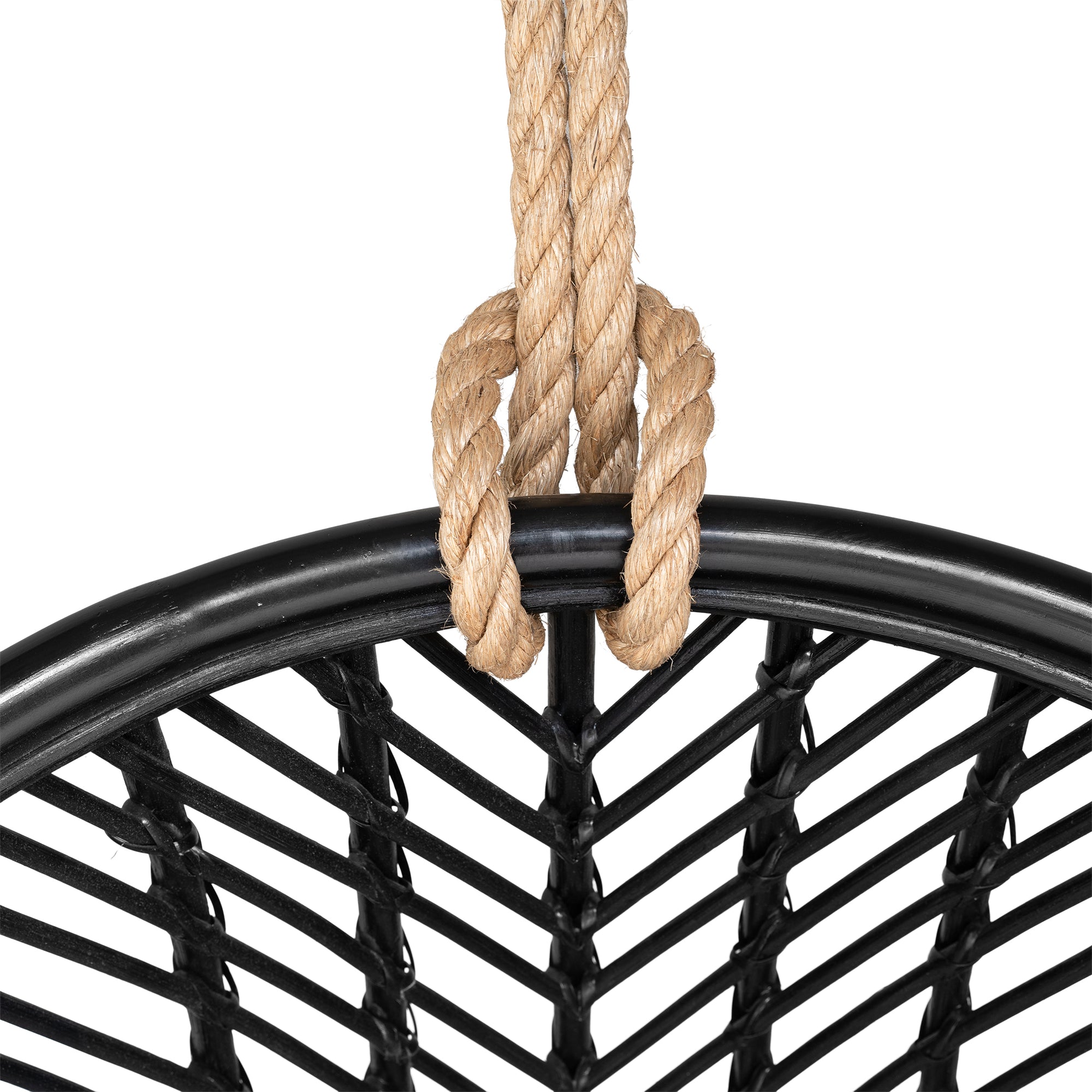 Black rattan hanging egg chair with a plush black cushion, featuring a woven open-weave design and sturdy rope for a stylish and relaxing indoor or outdoor seating option