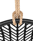 Black rattan hanging egg chair with a plush black cushion, featuring a woven open-weave design and sturdy rope for a stylish and relaxing indoor or outdoor seating option