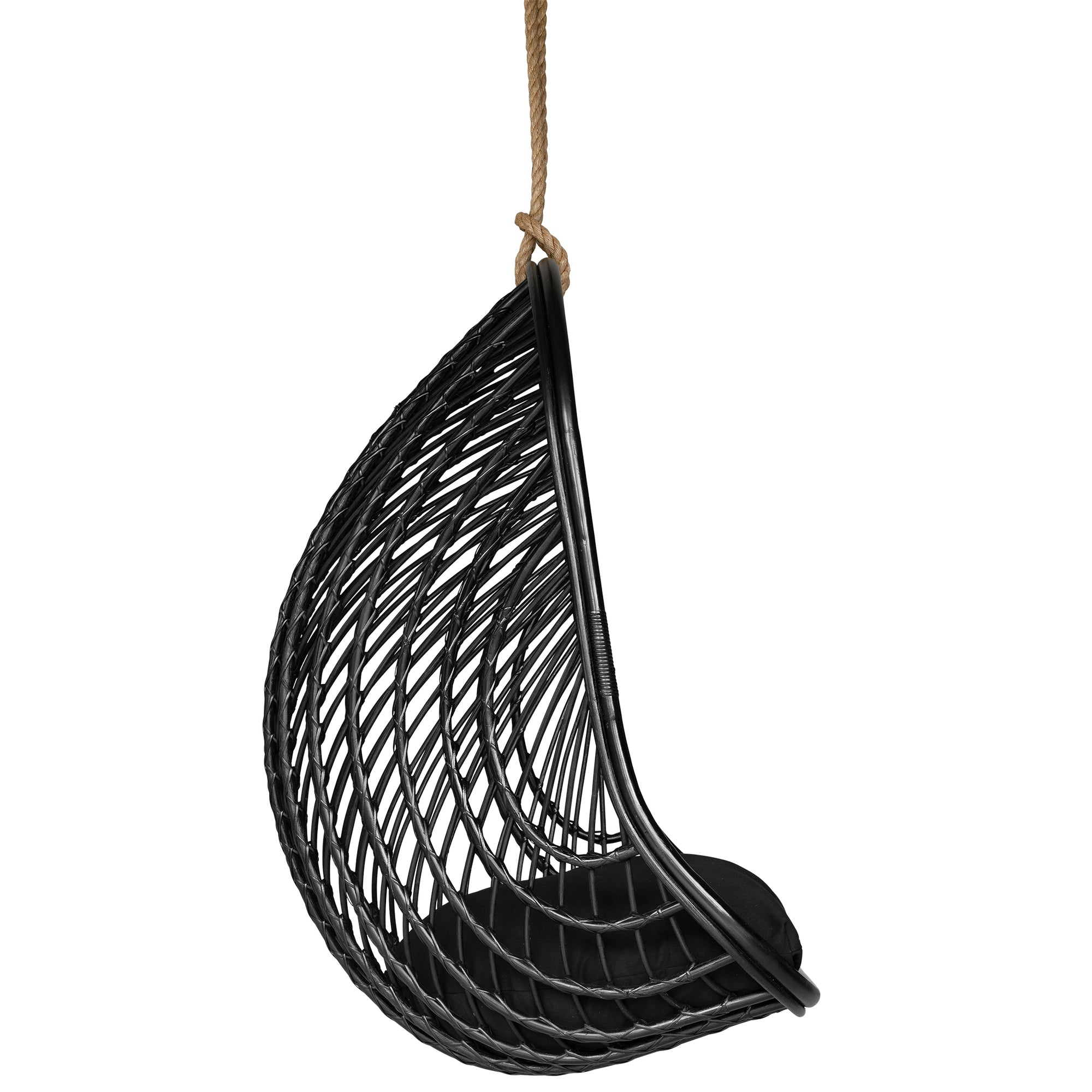Black rattan hanging egg chair with a plush black cushion, featuring a woven open-weave design and sturdy rope for a stylish and relaxing indoor or outdoor seating option
