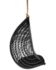 Black rattan hanging egg chair with a plush black cushion, featuring a woven open-weave design and sturdy rope for a stylish and relaxing indoor or outdoor seating option