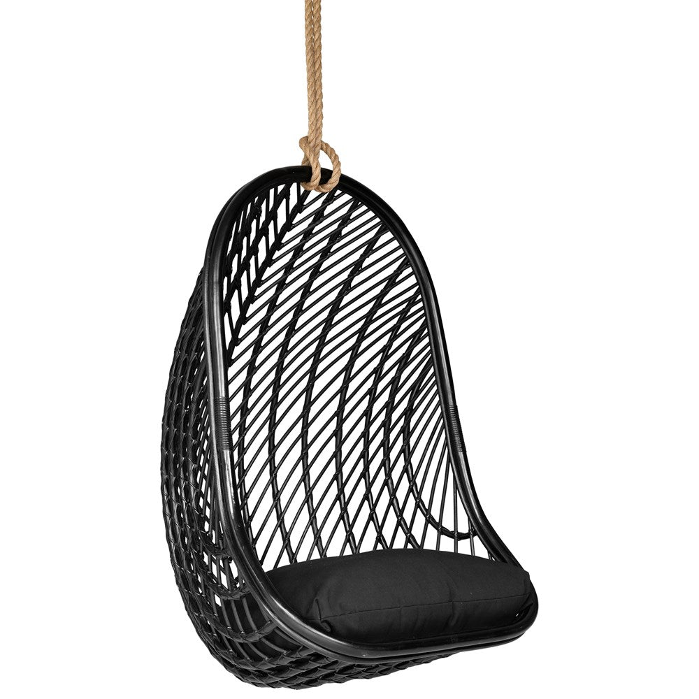 Black rattan hanging egg chair with a plush black cushion, featuring a woven open-weave design and sturdy rope for a stylish and relaxing indoor or outdoor seating option
