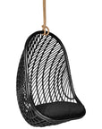 Black rattan hanging egg chair with a plush black cushion, featuring a woven open-weave design and sturdy rope for a stylish and relaxing indoor or outdoor seating option