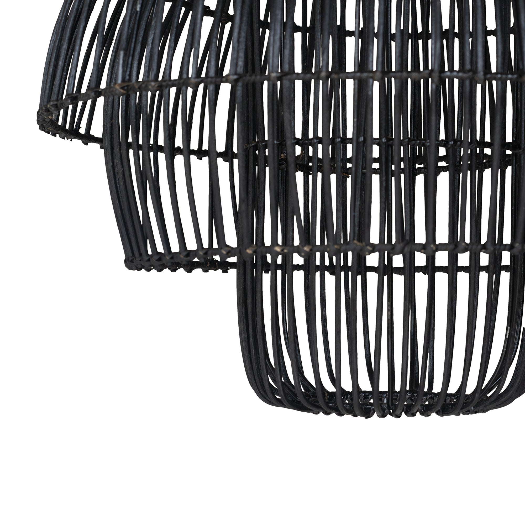 A modern black rattan pendant light with a tiered silhouette, showcasing intricate woven detailing. This statement lighting piece offers a contemporary yet natural aesthetic, perfect for enhancing dining areas, living spaces, or bedrooms with warm, ambient lighting.