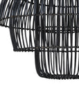 A modern black rattan pendant light with a tiered silhouette, showcasing intricate woven detailing. This statement lighting piece offers a contemporary yet natural aesthetic, perfect for enhancing dining areas, living spaces, or bedrooms with warm, ambient lighting.