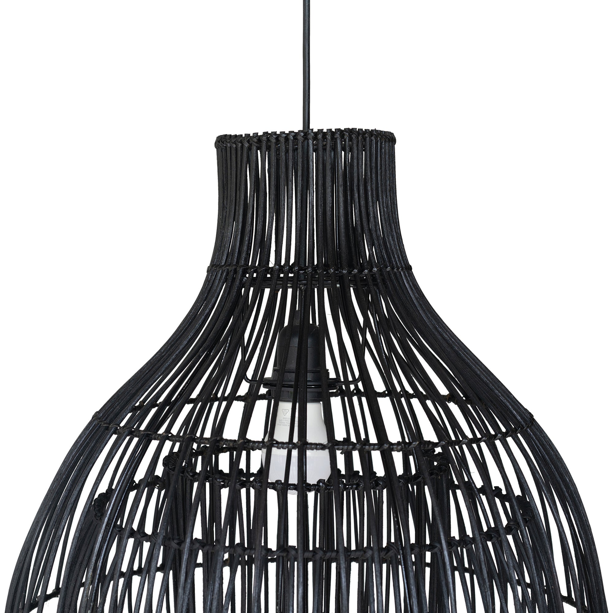 A modern black rattan pendant light with a tiered silhouette, showcasing intricate woven detailing. This statement lighting piece offers a contemporary yet natural aesthetic, perfect for enhancing dining areas, living spaces, or bedrooms with warm, ambient lighting.
