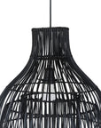 A modern black rattan pendant light with a tiered silhouette, showcasing intricate woven detailing. This statement lighting piece offers a contemporary yet natural aesthetic, perfect for enhancing dining areas, living spaces, or bedrooms with warm, ambient lighting.
