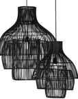 A modern black rattan pendant light with a tiered silhouette, showcasing intricate woven detailing. This statement lighting piece offers a contemporary yet natural aesthetic, perfect for enhancing dining areas, living spaces, or bedrooms with warm, ambient lighting.
