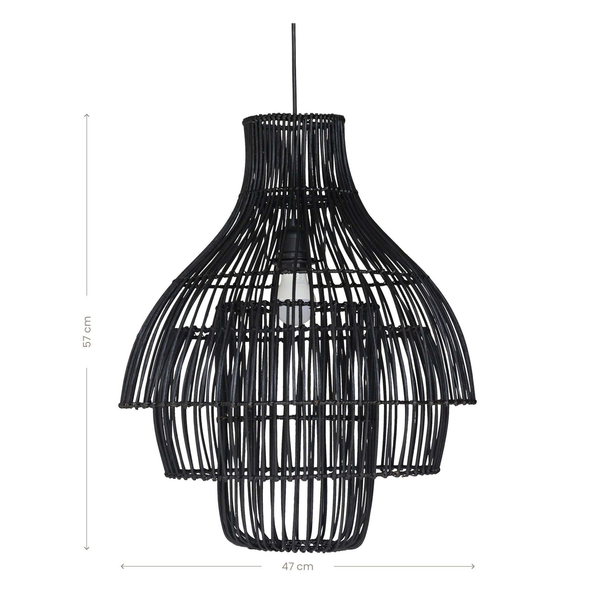 A modern black rattan pendant light with a tiered silhouette, showcasing intricate woven detailing. This statement lighting piece offers a contemporary yet natural aesthetic, perfect for enhancing dining areas, living spaces, or bedrooms with warm, ambient lighting.