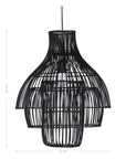 A modern black rattan pendant light with a tiered silhouette, showcasing intricate woven detailing. This statement lighting piece offers a contemporary yet natural aesthetic, perfect for enhancing dining areas, living spaces, or bedrooms with warm, ambient lighting.