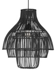 A modern black rattan pendant light with a tiered silhouette, showcasing intricate woven detailing. This statement lighting piece offers a contemporary yet natural aesthetic, perfect for enhancing dining areas, living spaces, or bedrooms with warm, ambient lighting.