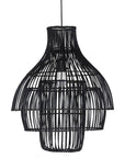 A modern black rattan pendant light with a tiered silhouette, showcasing intricate woven detailing. This statement lighting piece offers a contemporary yet natural aesthetic, perfect for enhancing dining areas, living spaces, or bedrooms with warm, ambient lighting.