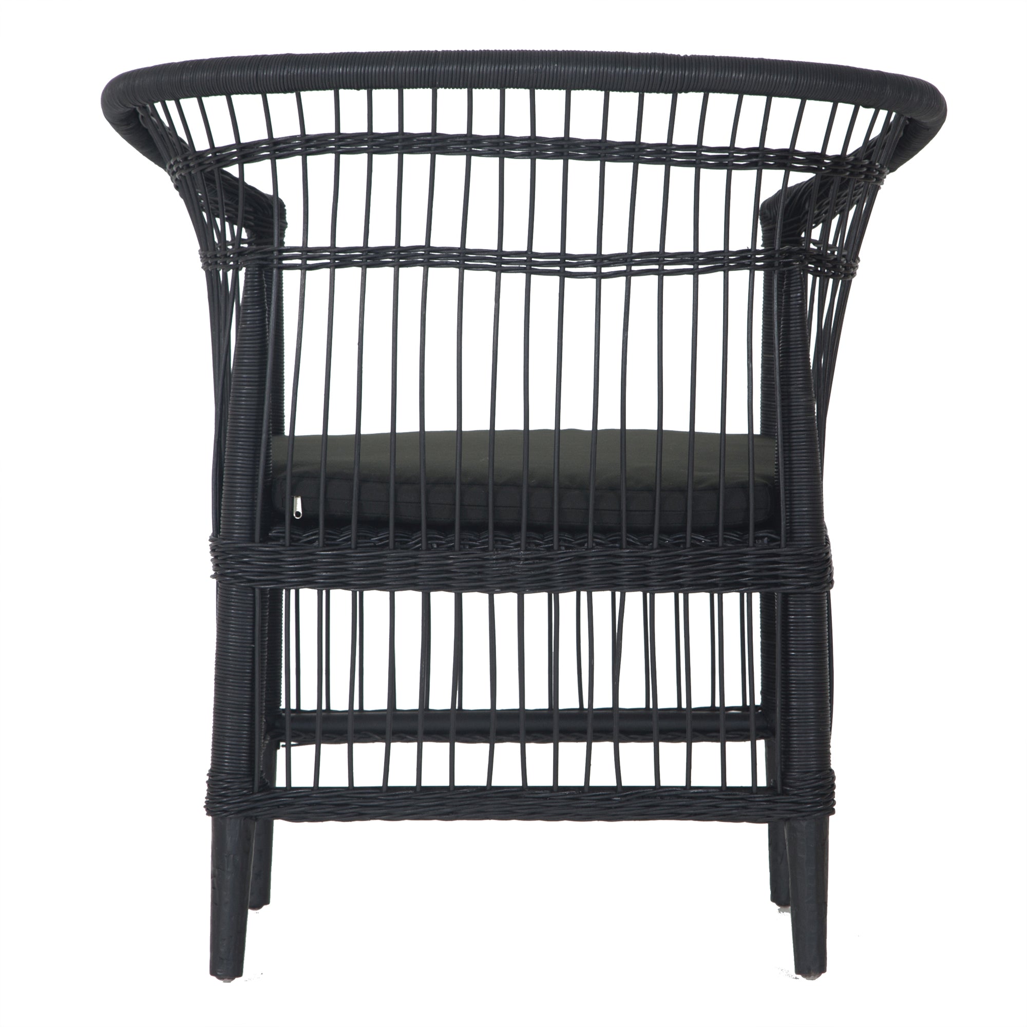 A stylish black rattan dining chair with an intricate woven design and a sleek black cushion, adding a modern touch to any dining or seating area