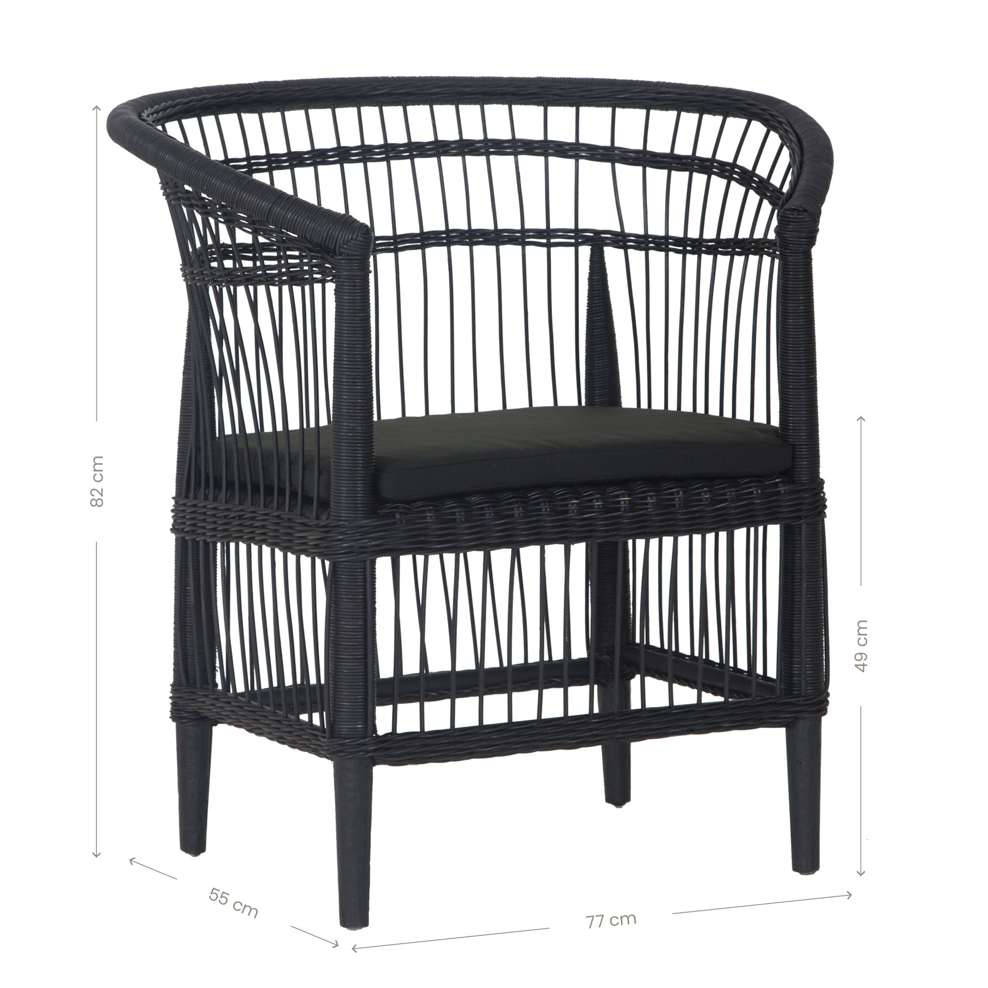 A stylish black rattan dining chair with an intricate woven design and a sleek black cushion, adding a modern touch to any dining or seating area