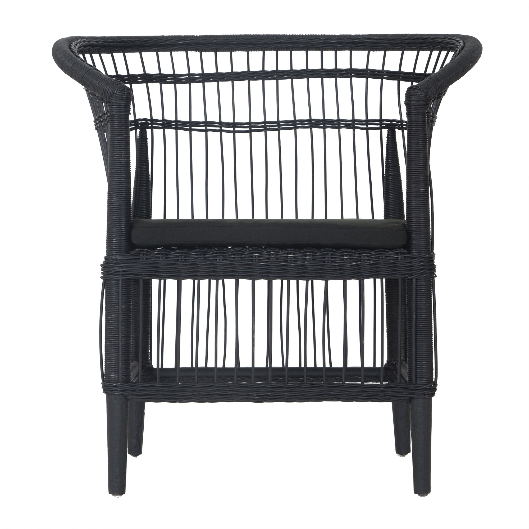 A stylish black rattan dining chair with an intricate woven design and a sleek black cushion, adding a modern touch to any dining or seating area