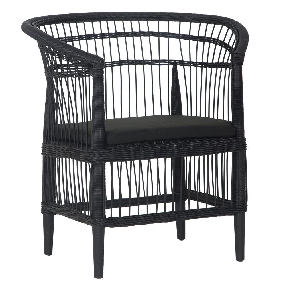 A stylish black rattan dining chair with an intricate woven design and a sleek black cushion, adding a modern touch to any dining or seating area