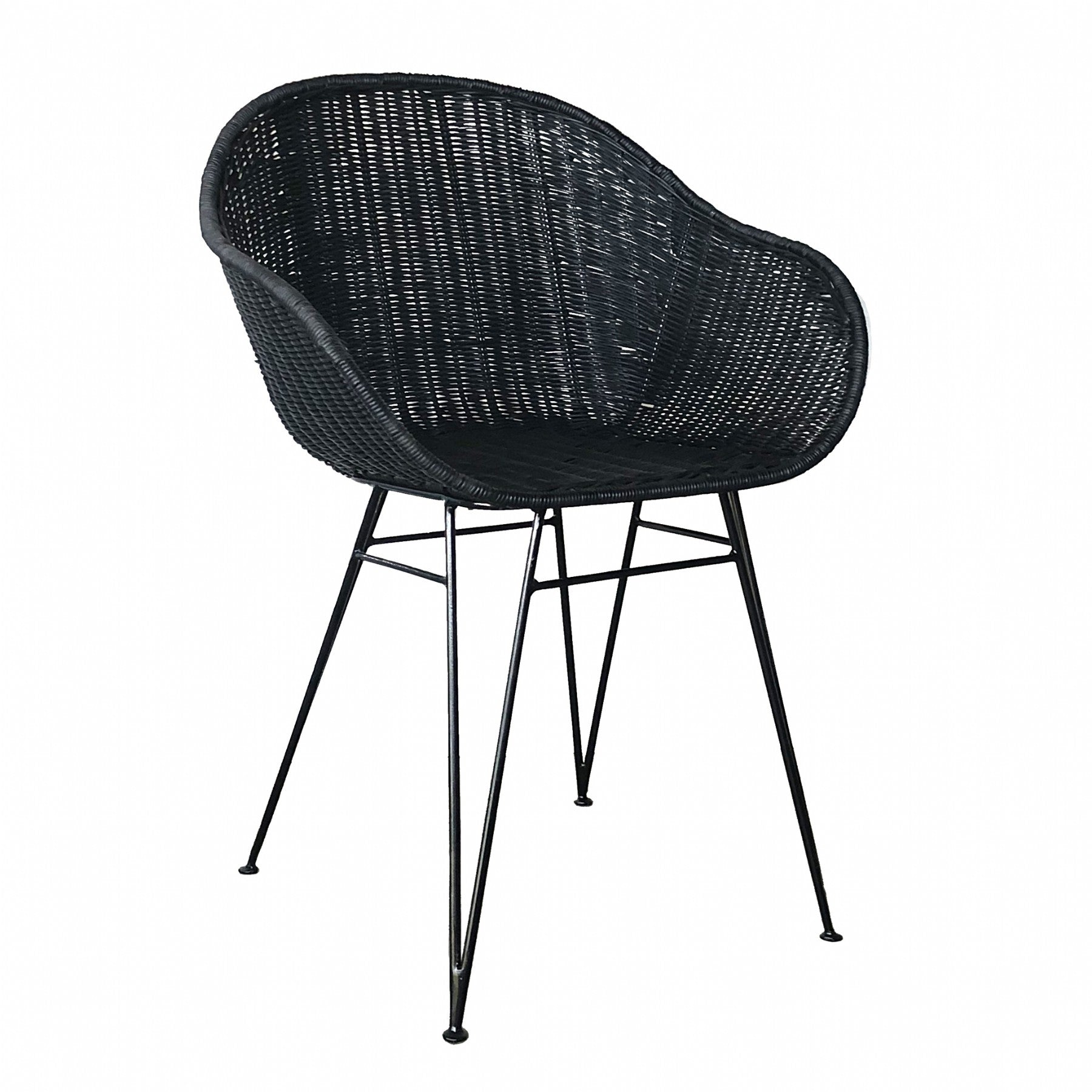 Black rattan dining chair with curved back and slim metal legs, perfect for modern and stylish dining settings