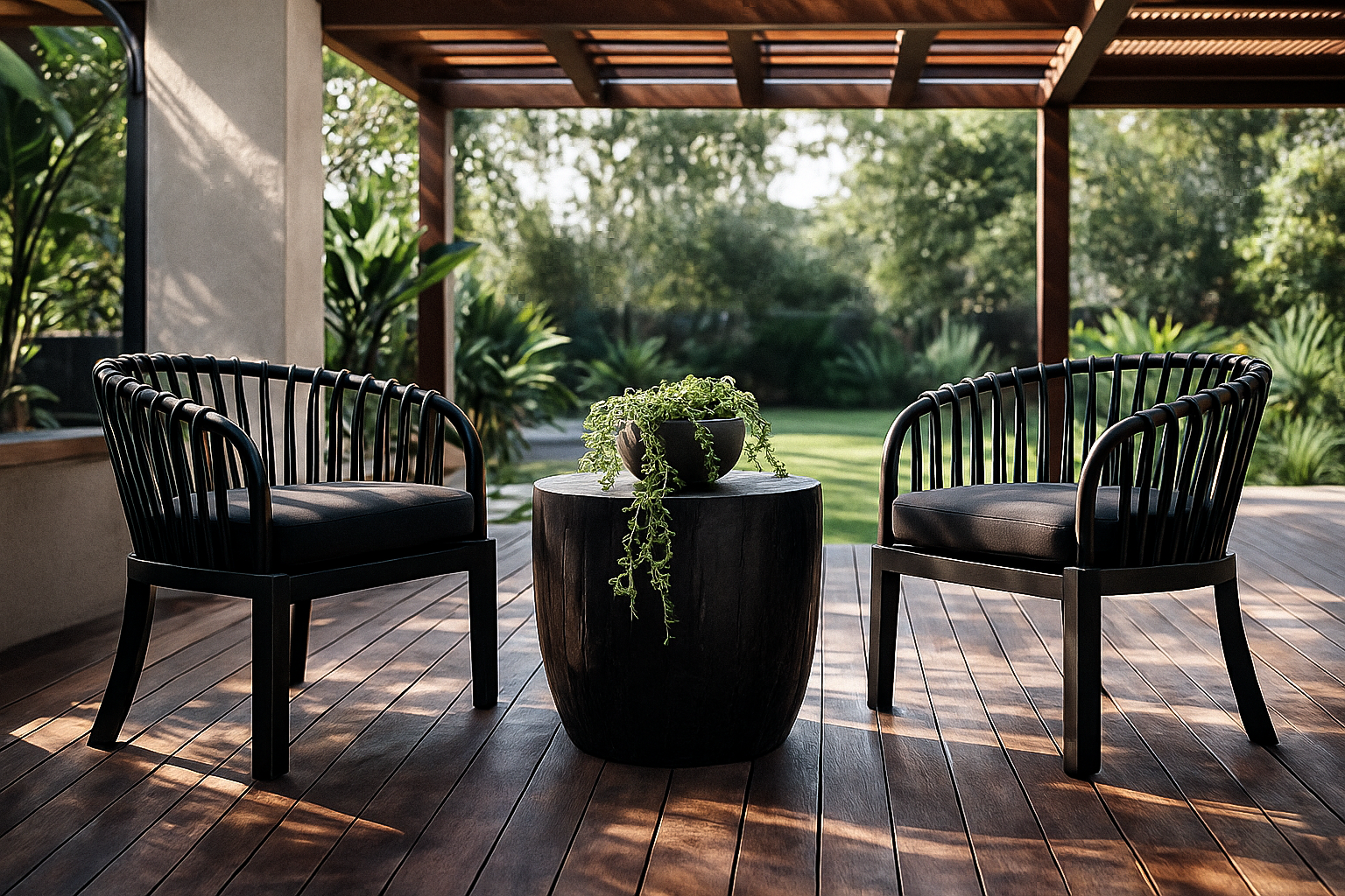 Discover the Makena Black Chair paired with the Kisiki Outdoor Stool, a modern outdoor duo crafted for relaxed, contemporary living. Stylish, durable and designed for comfort.