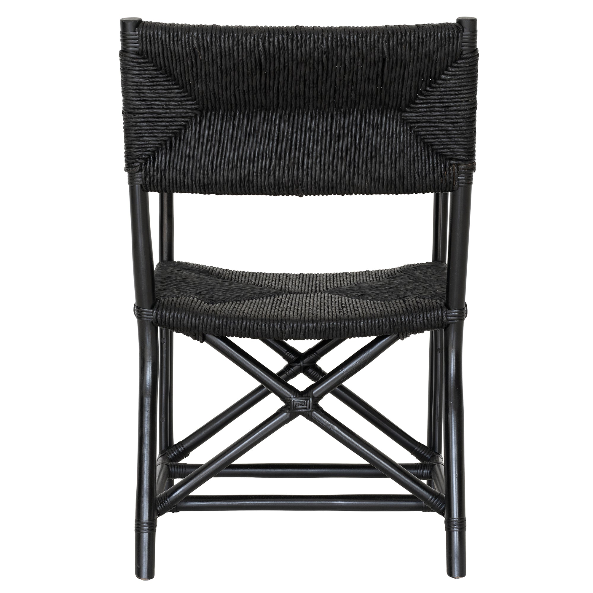 Black wicker armchair with armrests and a sturdy cross-frame base, showcasing a contemporary design suitable for indoor or outdoor dining spaces.