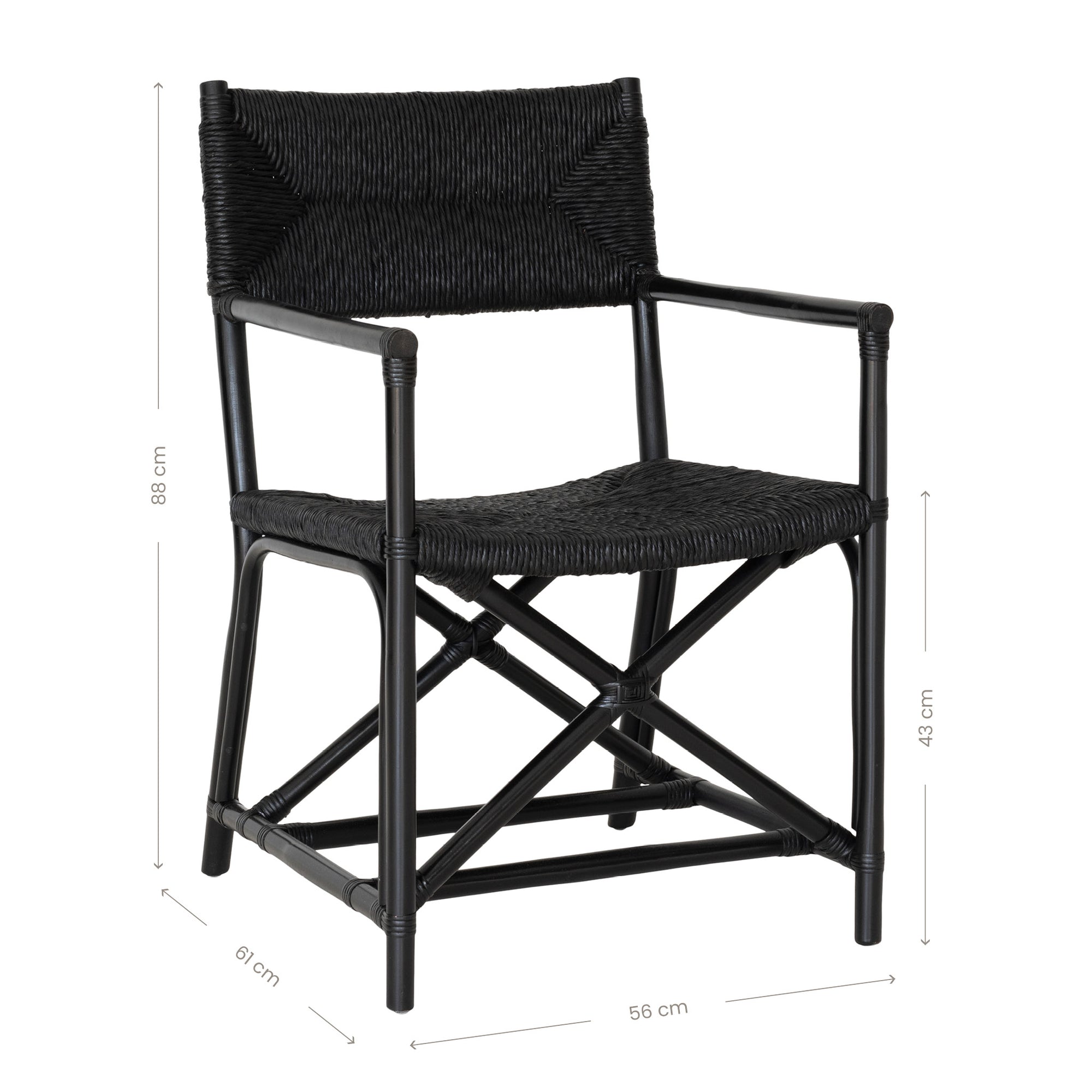 Black wicker armchair with armrests and a sturdy cross-frame base, showcasing a contemporary design suitable for indoor or outdoor dining spaces.