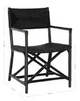 Black wicker armchair with armrests and a sturdy cross-frame base, showcasing a contemporary design suitable for indoor or outdoor dining spaces.