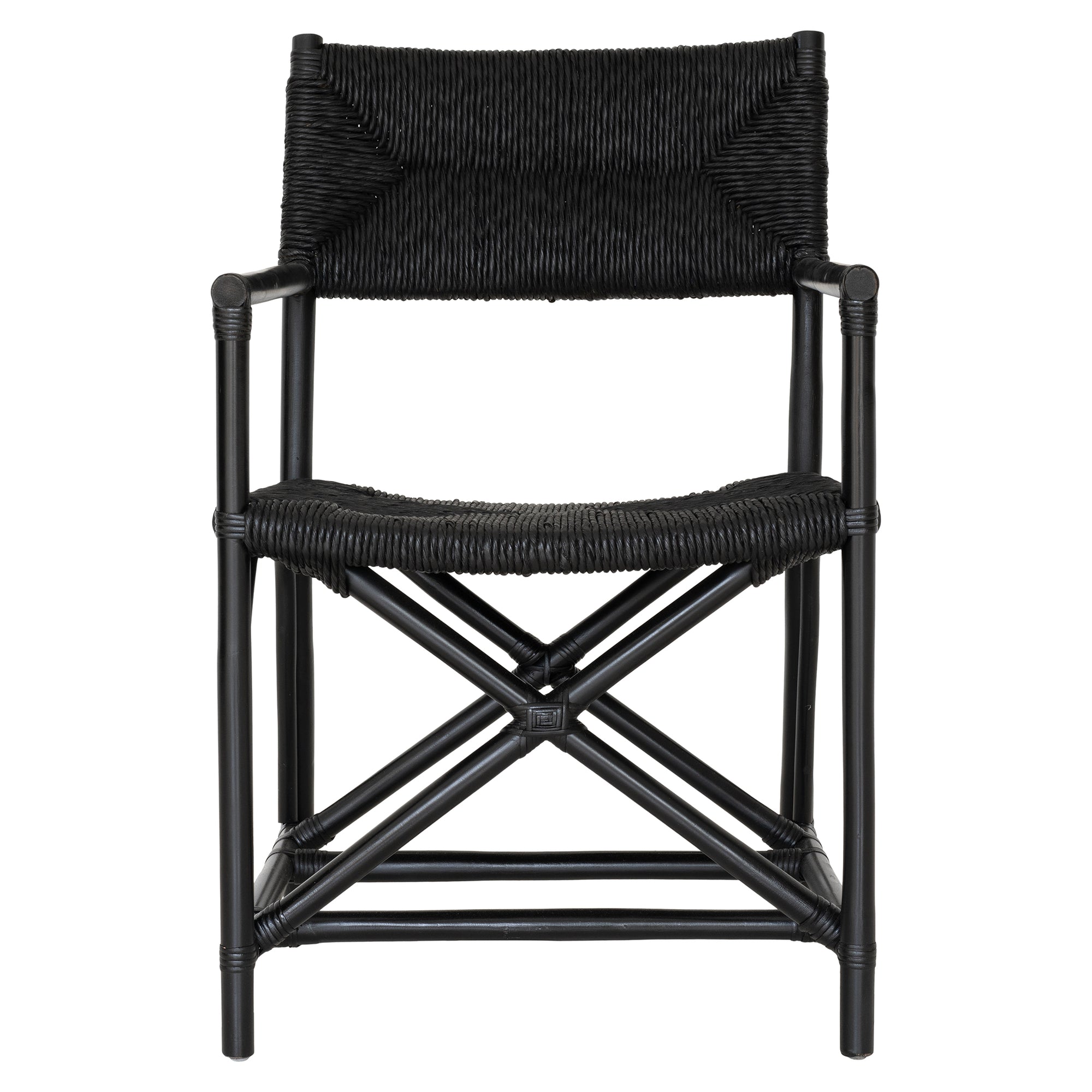 Black wicker armchair with armrests and a sturdy cross-frame base, showcasing a contemporary design suitable for indoor or outdoor dining spaces.
