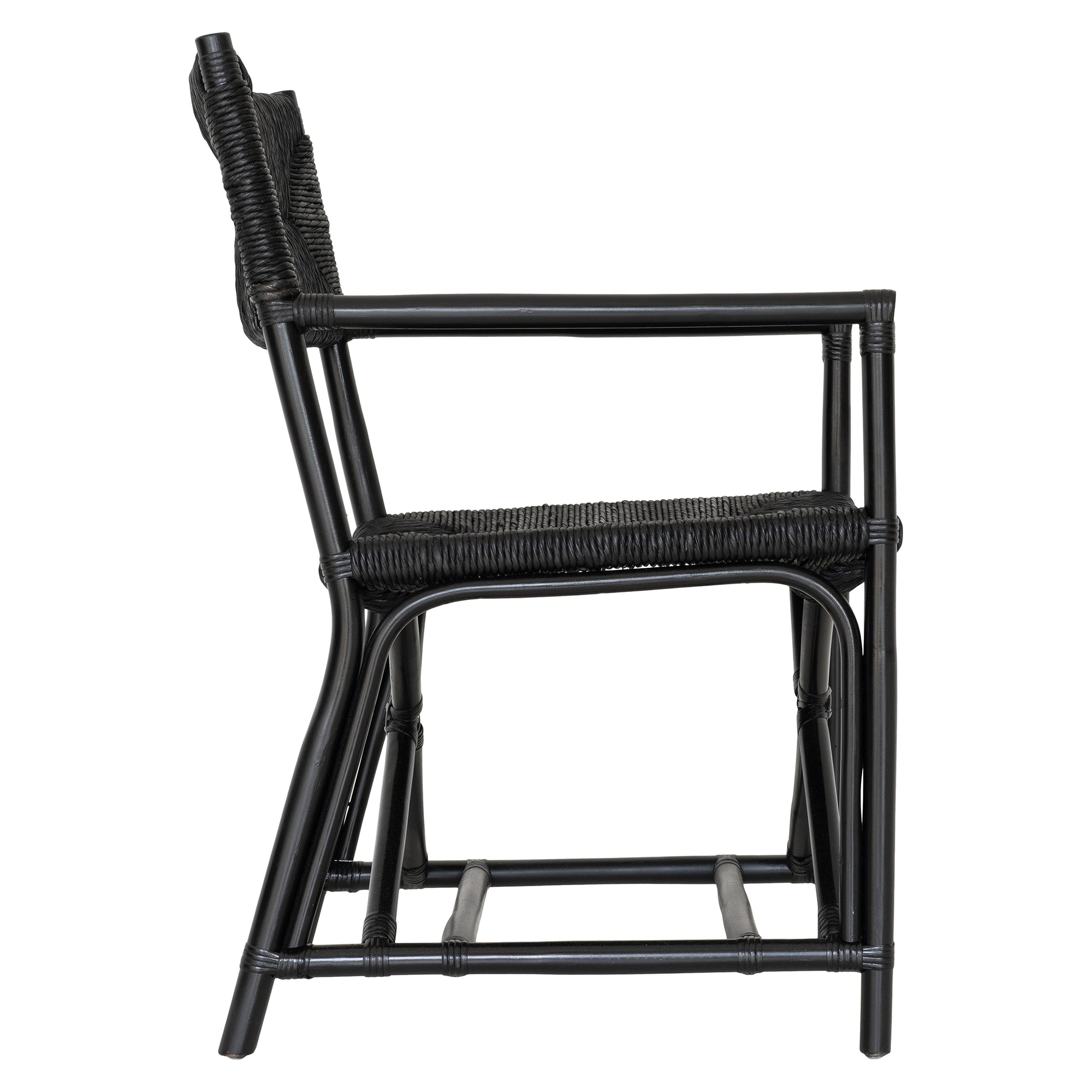 Black wicker armchair with armrests and a sturdy cross-frame base, showcasing a contemporary design suitable for indoor or outdoor dining spaces.